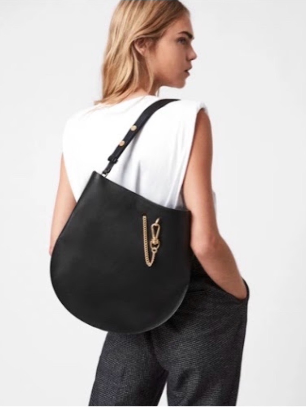ALLSAINTS Beaumont Black Leather Hobo Shoulder Bag